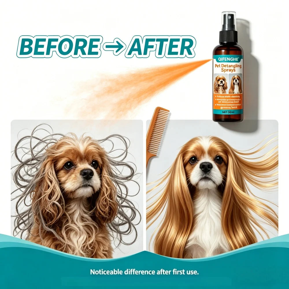 QIFENGHE 50ml Entwirrungsspray für Haustiere, Leave-In Conditioner für Hunde & Katzen, Reduziert Statische Aufladung & Beseitigt Knoten, Pflegespray ohne Ausspülen