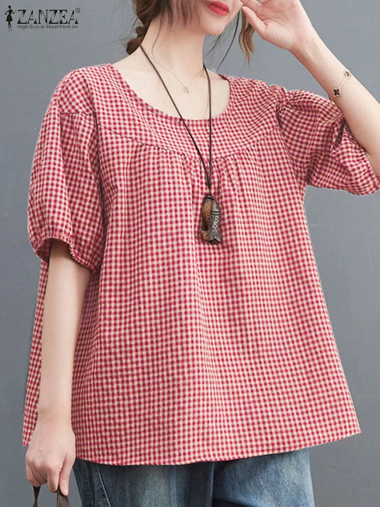 ZANZEA Sommer Vintage Frauen Casual Lose Hemd Baggy Plaid Kariert Tops Tunika Mode O Hals Kurzarm Bluse Blusas Chemise