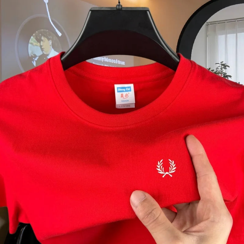 100% reine Baumwolle, hochwertiges Marken-Herren-T-Shirt mit Rundhalsausschnitt und kurzen Ärmeln, Sommermode, luxuriöses Weizen-Stickerei-Design, lässiges T-Shirt