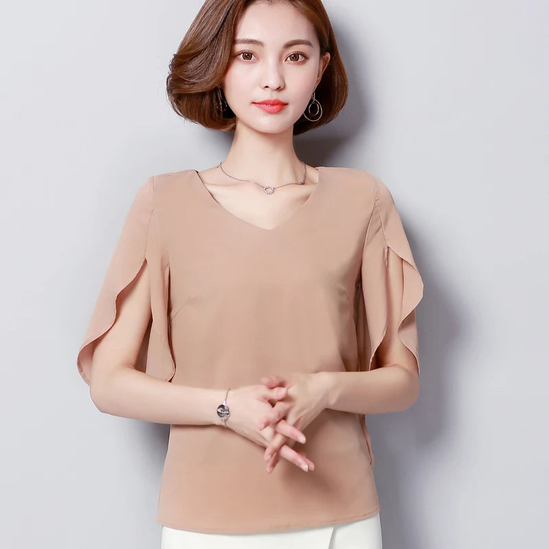 Sommer Damen Chiffon Bluse mit Lotusblatt-Ärmeln