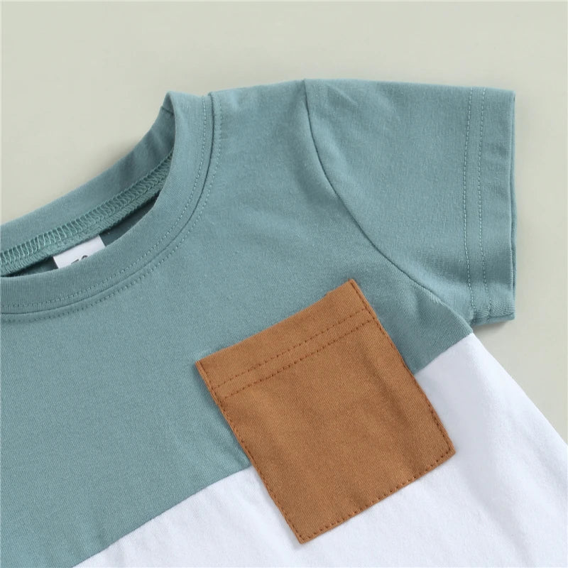 Kleinkind Kleinkind Baby Jungen Sommer Kleidung Sets Kurzarm Kontrast Farbe Tops + Einfarbig Kordelzug Shorts 2 stücke Outfit