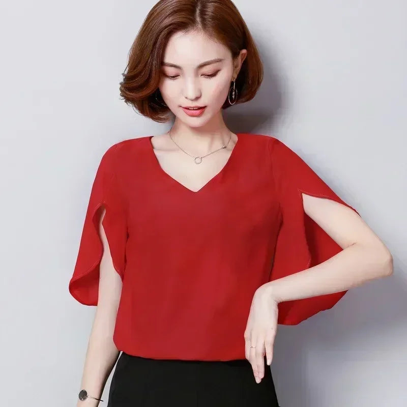 Frauen Chiffon Kurzarmhemd sexy V-Ausschnitt lose gekräuselte Chiffon Bluse.