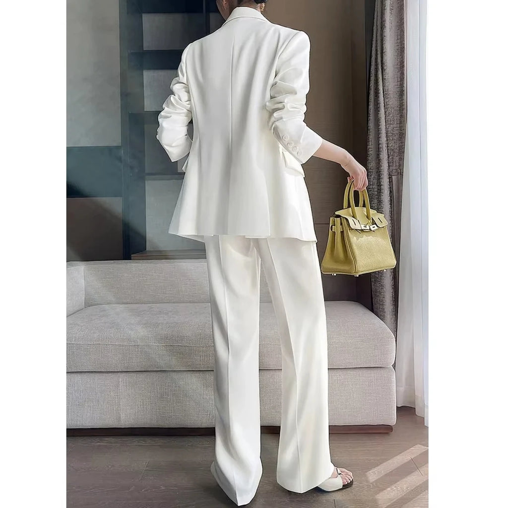 Damenanzug, 2-teilig, weiß, Doppelknopf, mit Revers, einfarbig, für Hochzeit, Bankett, Party, Business, Arbeit, Büro, Set aus Blazer und Hose