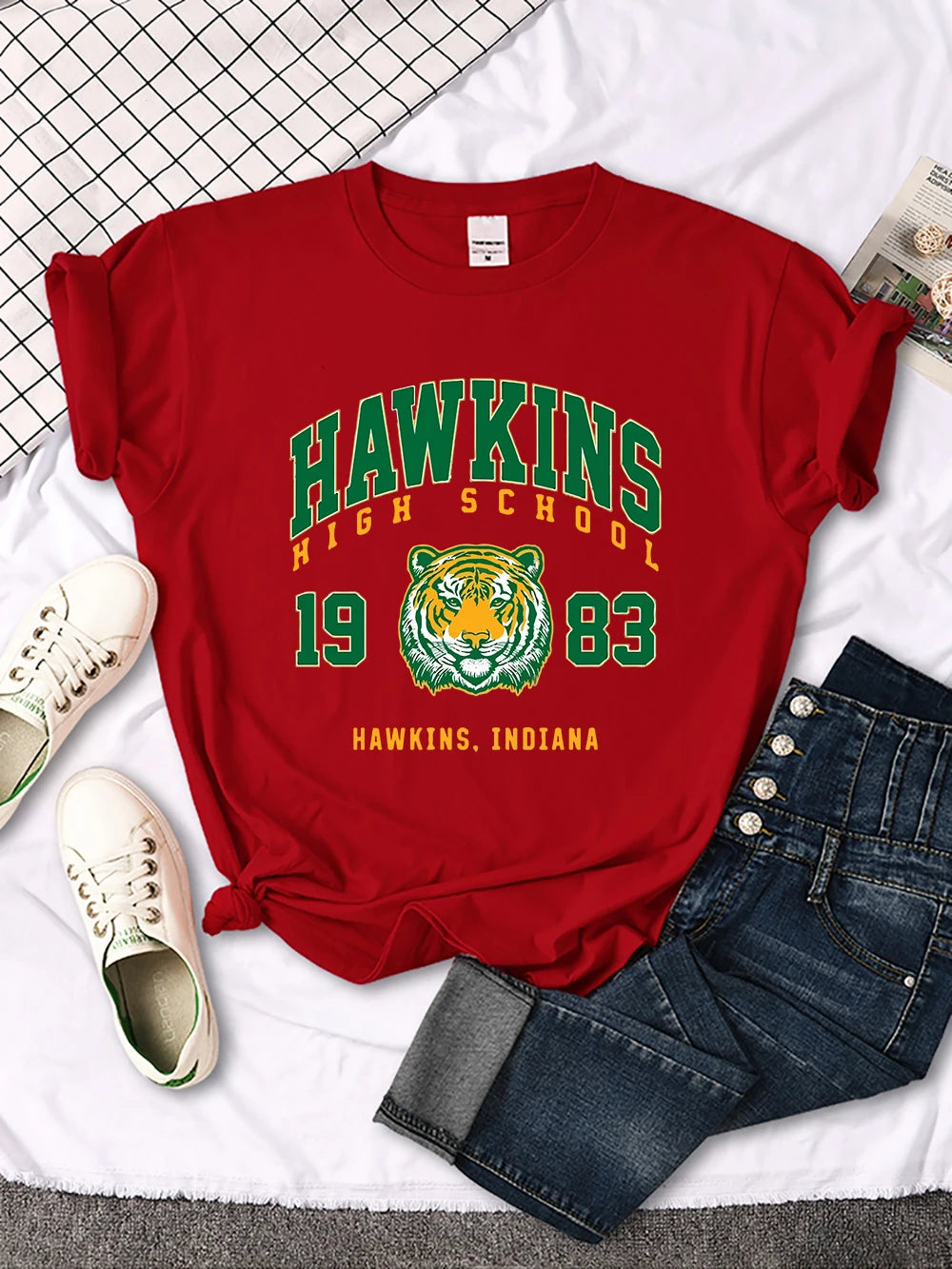 Hawkins High School 1983, bedrucktes Damen-T-Shirt, neue Harajuku-T-Shirts, Street-Fashion, Streetwear, lässige Rundhalsausschnitt-Kleidung