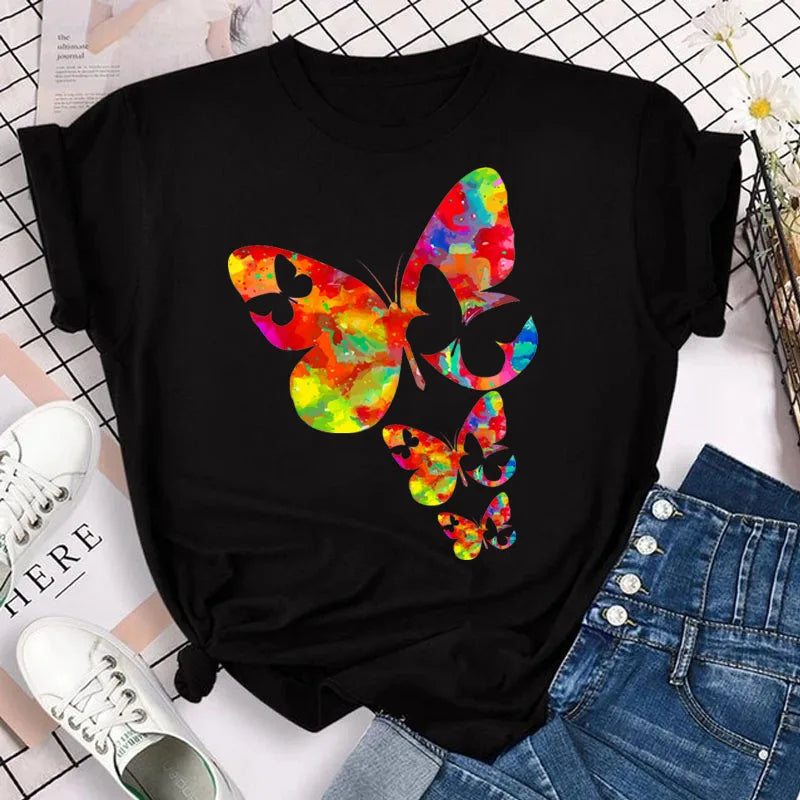 Neue blaue Schmetterling Blumen gedruckt T-Shirt Frauen Sommer lässig Kurzarm O-Ausschnitt Tops 90er Jahre Mode Grafik weibliche Tops T-Shirts