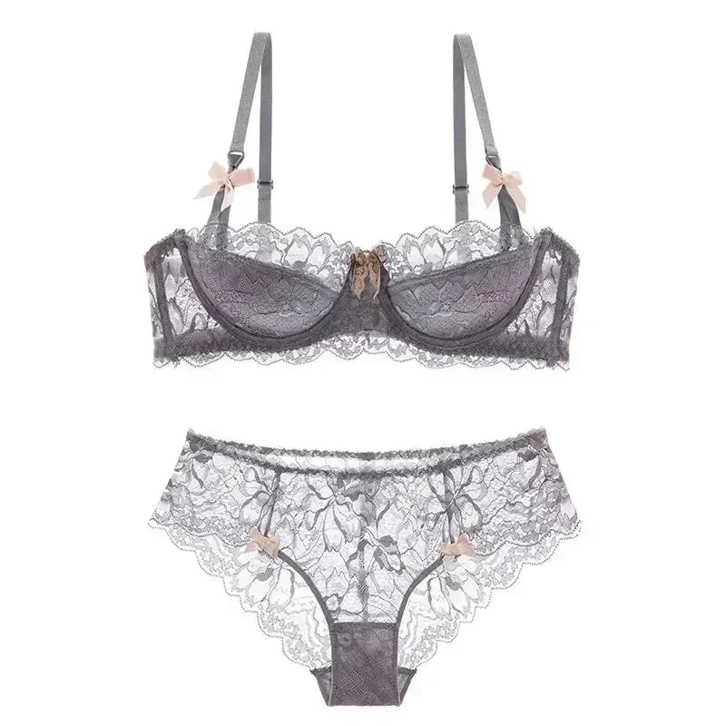 BANERDANNI Französisches Spitzen-Bralette-Set, atmungsaktiver, nicht gepolsterter BH für zierliche, transparente Blumen-Dessous, kabelloses Komfort-Anti-Gap-Design