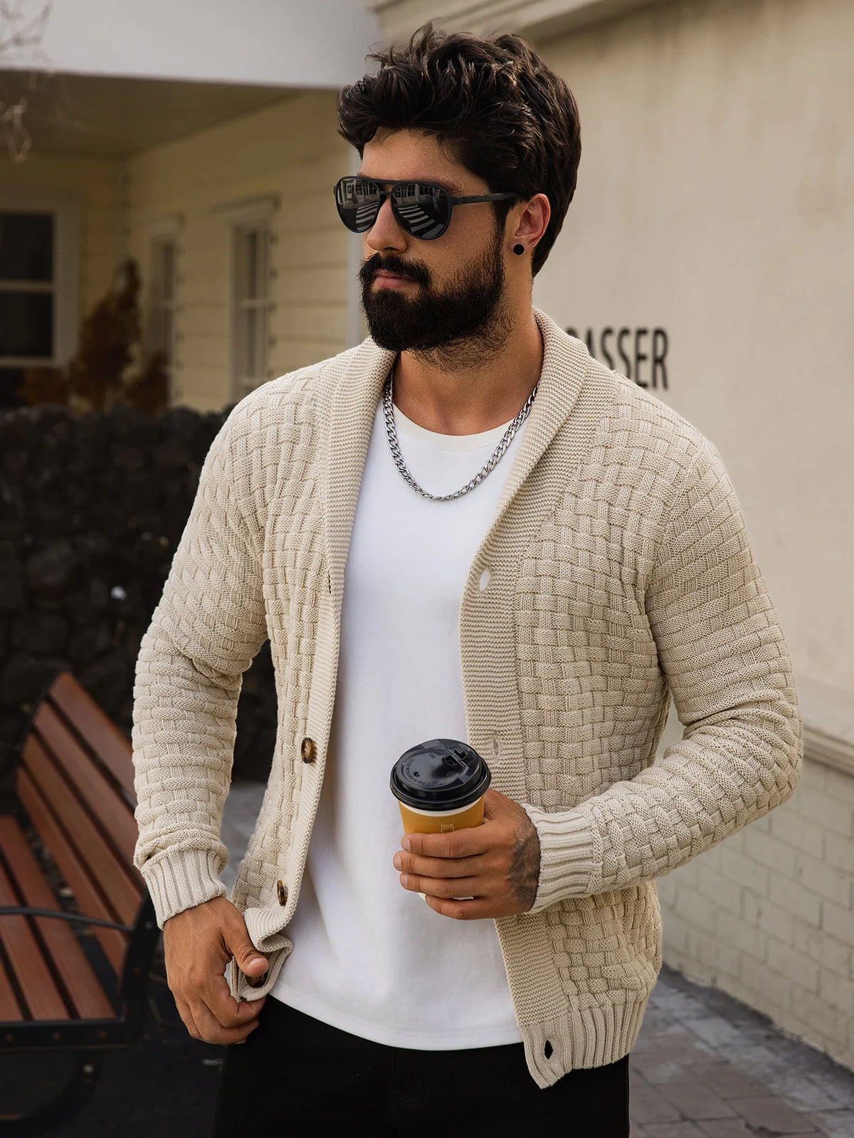 Herren-Strickjacke für Herbst und Winter, warm gestrickt, vorne offen, langärmelig, V-Ausschnitt, Pullover in einfarbiger Farbe für Herren