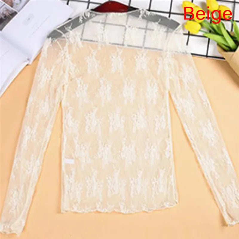 Elegantes transparentes T-Shirt sexy Langarm Mesh Tüll durchsichtiges Oberteil
