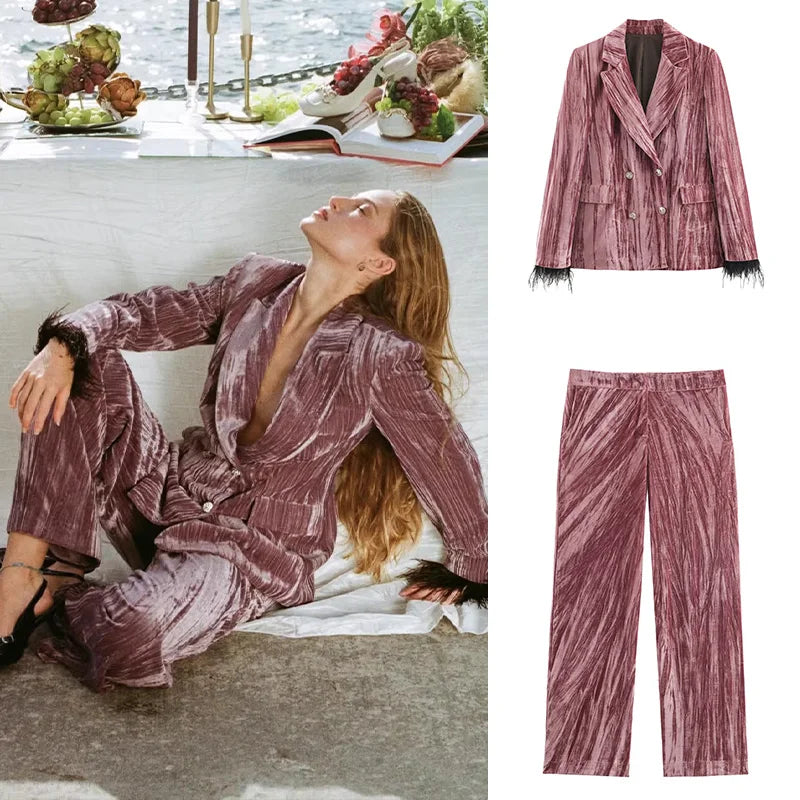 2026 neue Frauen Rosa Blazer Hosen Set Langarm Feder Design Anzug + Pendeln Frau Gerade Hosen Straße Samt material Trendy