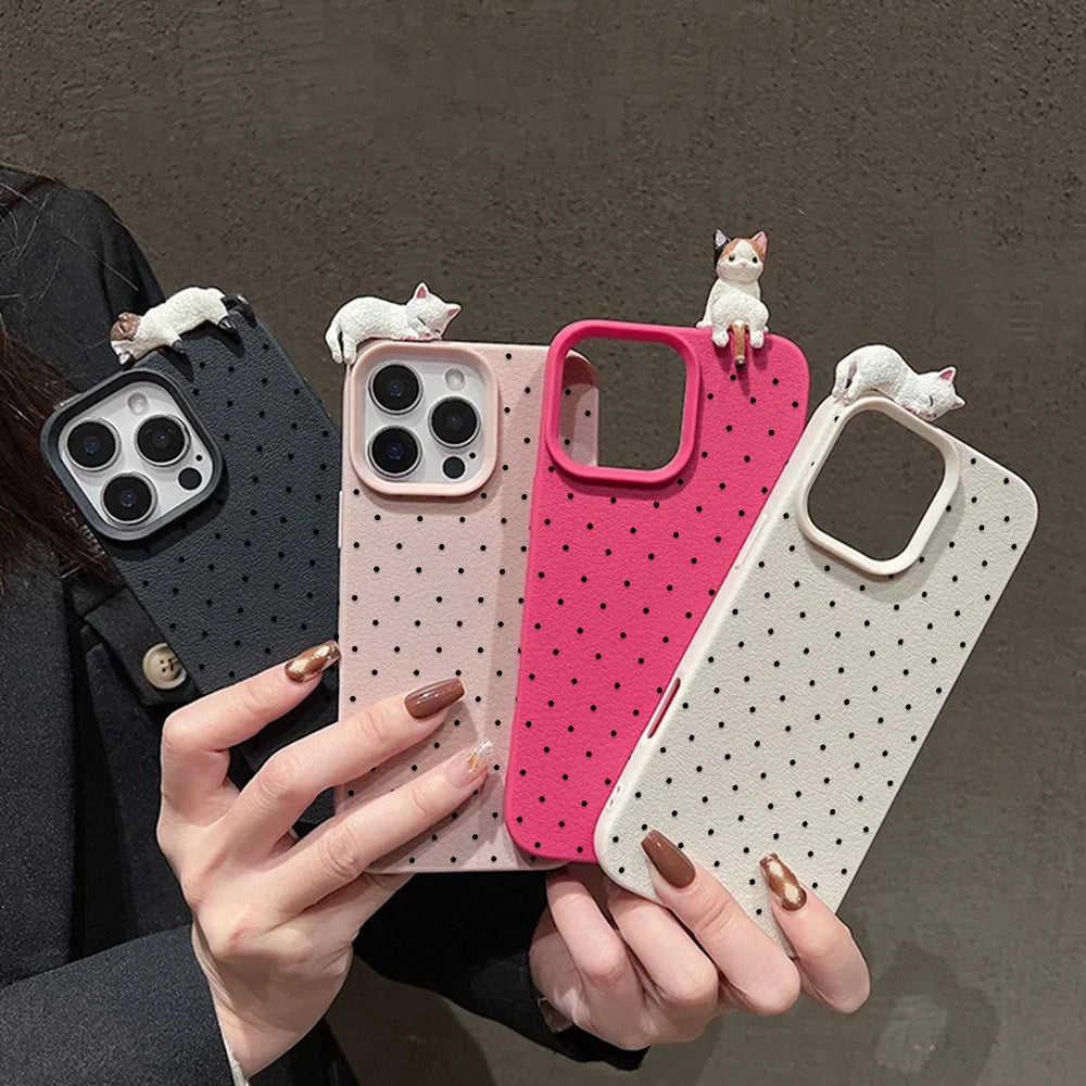 3D süße Katze Leder Dot Hülle für iPhone 17 11 15 16 12 13 14 Pro Max 16 15 Plus 17 Air iPhone 17 17 schöne stoßfeste Abdeckung Funda