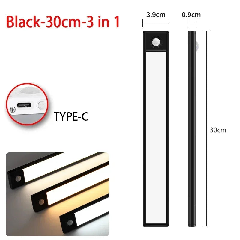 10–60 cm Bewegungsmelder unter dem Schrank, kabelloses, wiederaufladbares USB-Nachtlicht, 3 Farben, Schranklampe für den Innenbereich, Schlafzimmerbeleuchtung