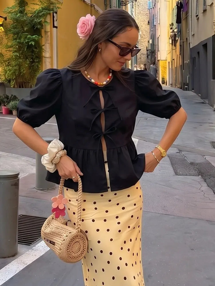 Elegante Damen-Bluse mit Kurzen Puffärmeln und Schleife, Lässiges Mode-Wochenend-Shirt, High-Street-Hemd, Party- und Strand-Oberteil, Schlanker Schnitt