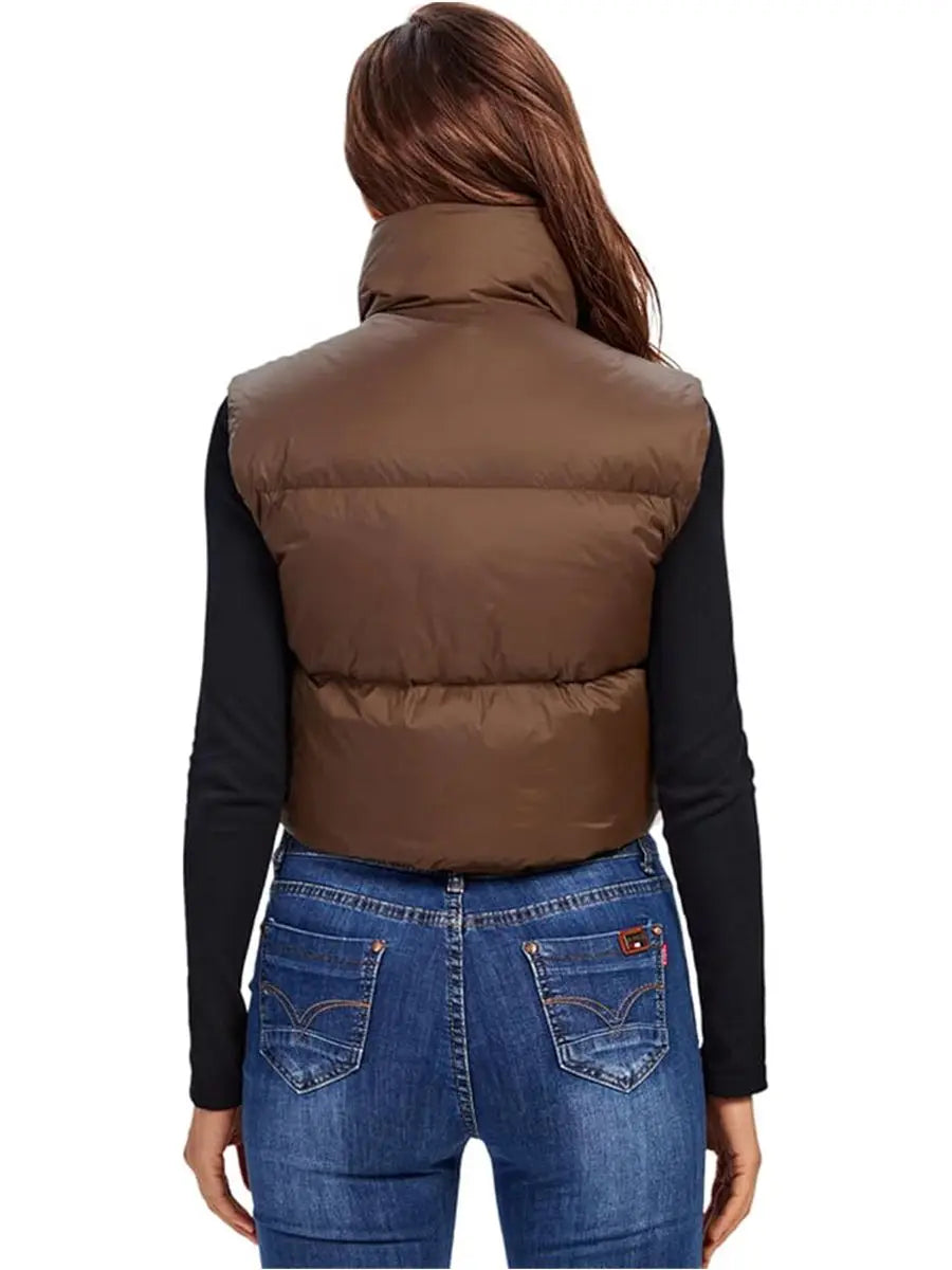Kurze Daunenweste für Damen im Herbst und Winter, kurze Stehkragenweste, warme, ärmellose, gesteppte Weste, Outdoor-Reisejacke, Oberteile