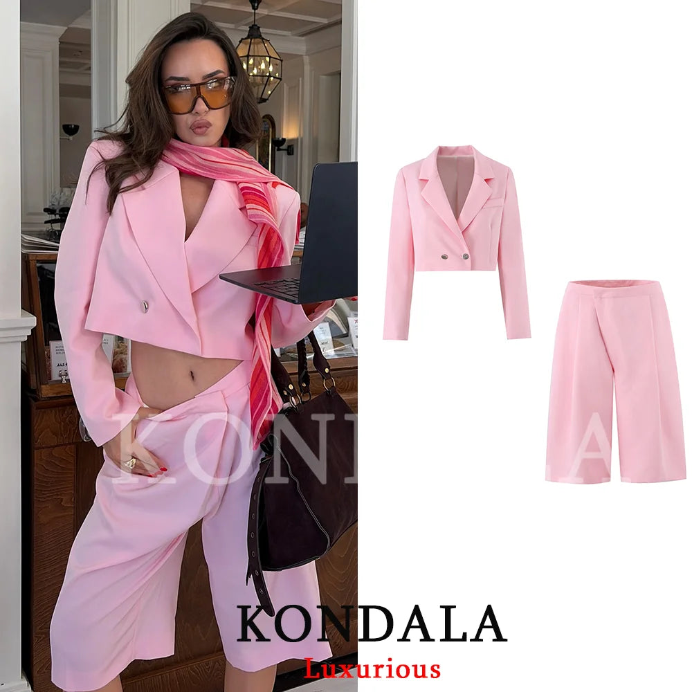KONDALA Büro-Damen Casual Chic Blazer-Anzug Rosa Doppelreihiger Kurzer Blazer mit Reißverschluss-Shorts Modischer 2026 Sommer-Herbst-Anzug