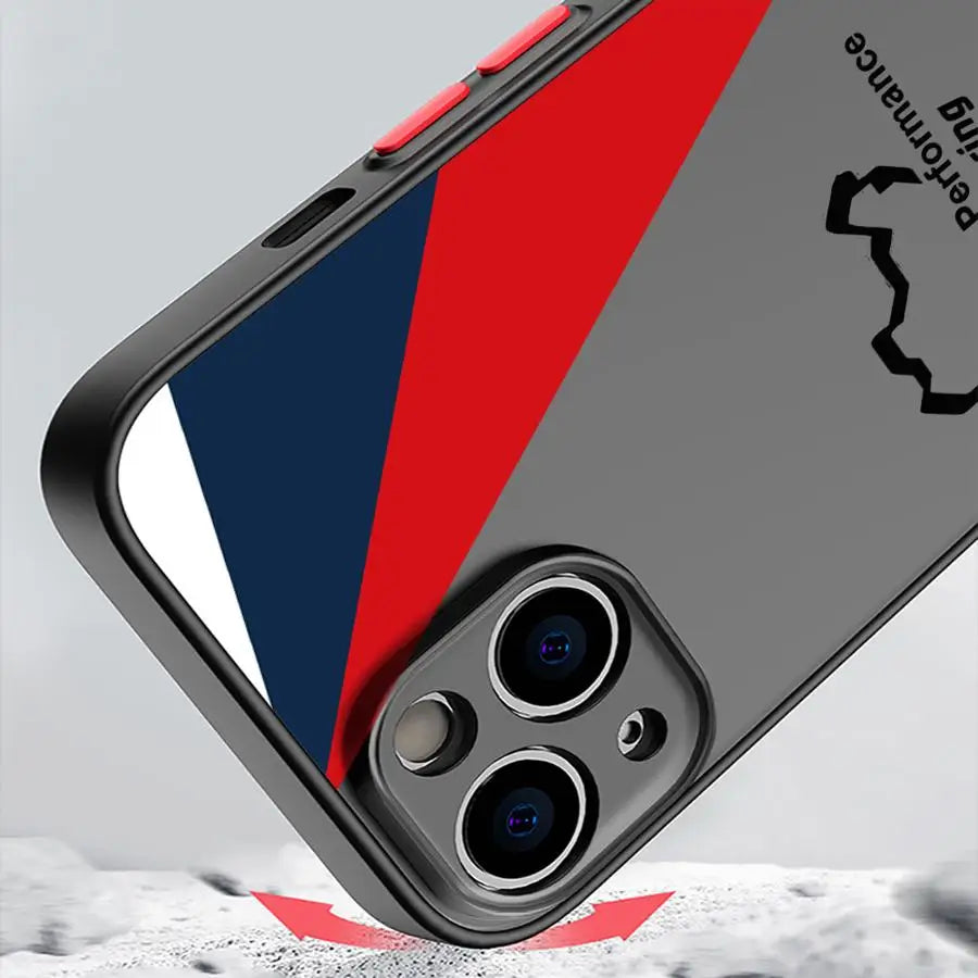 Blaue rote Logo-Hülle für Apple iPhone 15 16e XS 11 12 Mini XR 16 Pro 13 Pro 14 11 Pro Max Black Edge