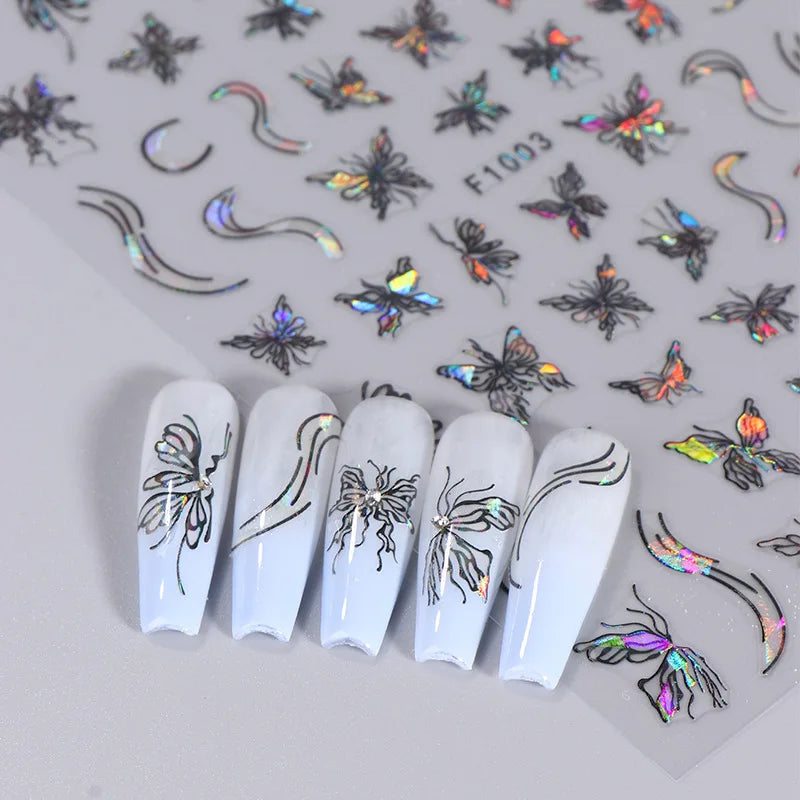 1PCS Schwarz Weiß Schmetterling Laser Nagel Aufkleber Y2K Nail art Dekoration Abstrakte Linien Bronzing Blumen Aufkleber Für Nägel