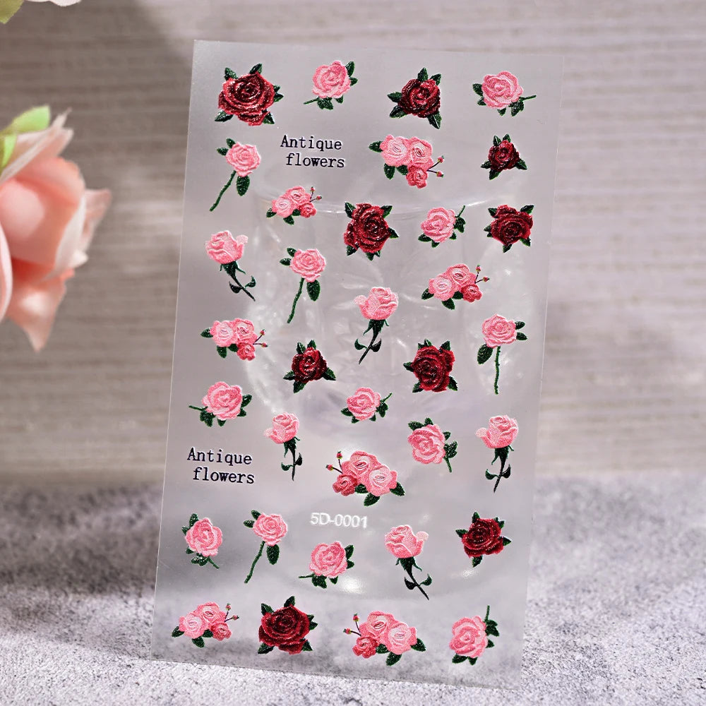 1 Stück 5D geprägte Lavendelblume Nagelaufkleber Frühling Blumenblätter selbstklebende Schieber Rose Schmetterling Aufkleber Maniküre Dekoration