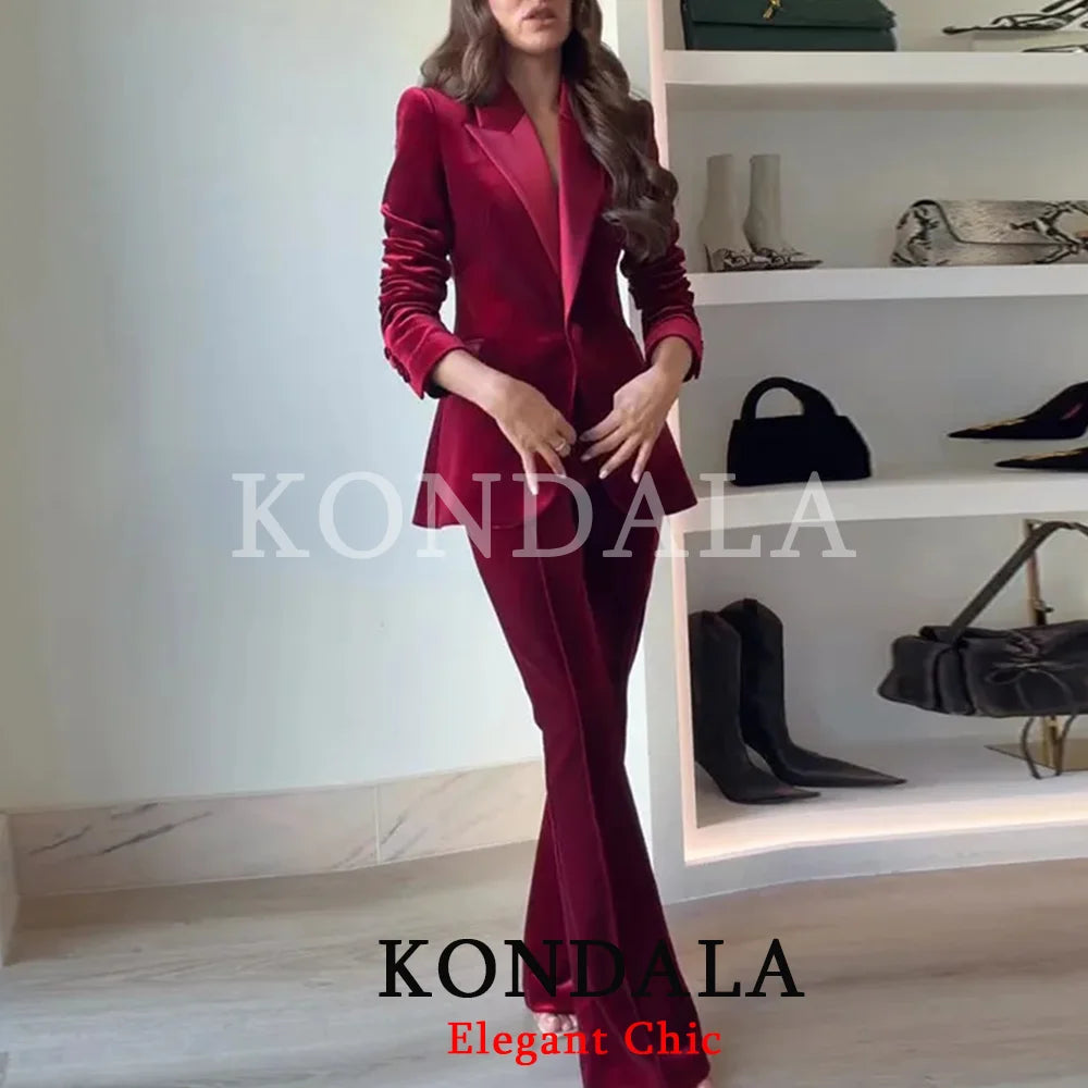 KONDALA Damen Büro-Samt-Slim-Blazer-Set Revers V-Ausschnitt Slim-Blazer mit Taschen Hose Neue Mode 2026 Frühling Herbst Elegantes Set