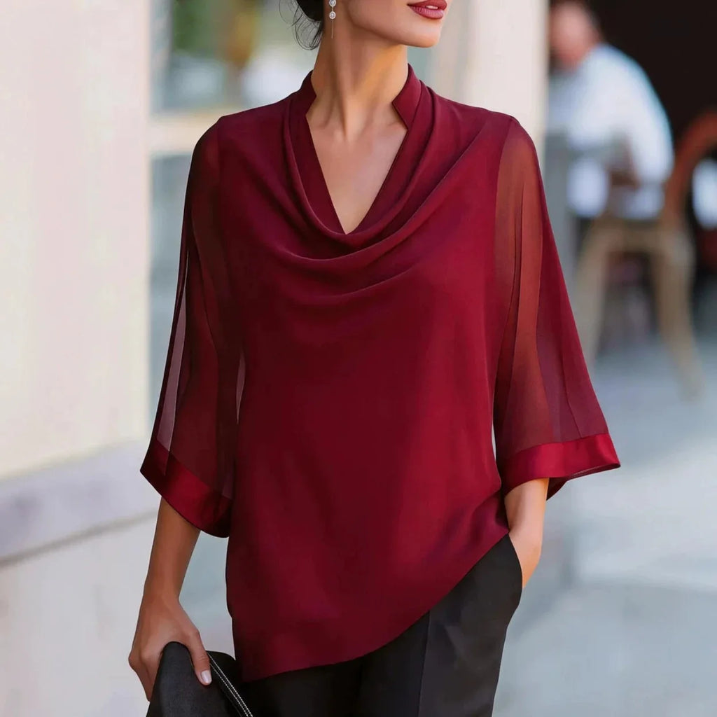 Dreiviertel-Ärmel Transparente Satin-Bluse Locker Geschnittener Asymmetrischer Saum Elegante Bürokleidung Damen Freizeithemd