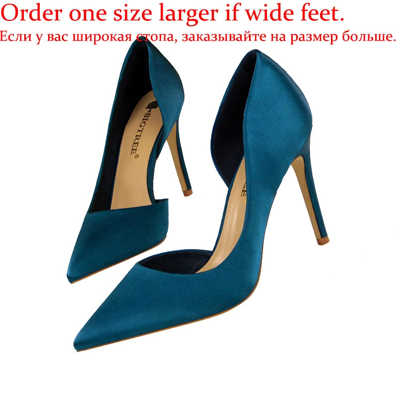 Damen Glamouröse Blaue 9,5cm Hohe Absätze Pumps Modische Satin Spitze Schuhe Elegante Trendige Abend-Bankett-Kleiderschuhe