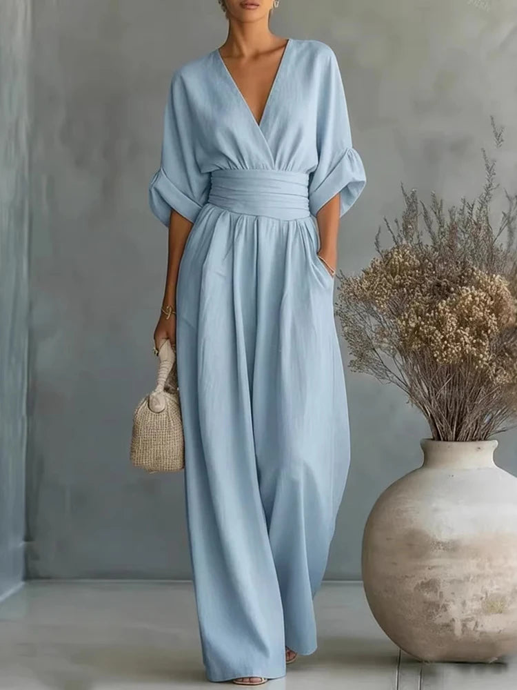 Elegante Damen-Jumpsuits mit hoher Taille, Sommer-Kurzarm-Overalls mit weitem Bein, lässige V-Ausschnitt-Jumpsuits in Unifarben, lockere Streetwear