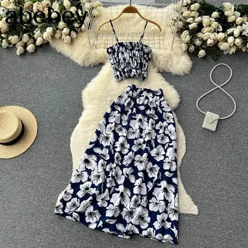 2026 Urlaubs-Blumendruck, zweiteilige Anzüge, Reißverschluss-Design, schmales Tank-Top + A-Linie, langer Rock, Vintage-Böhmische Strand-Sets