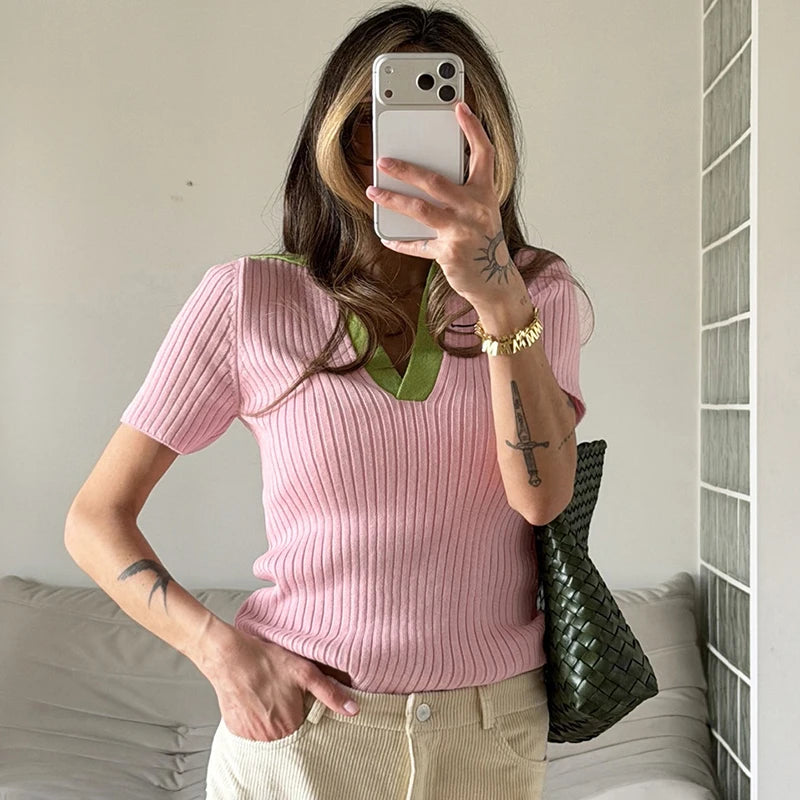 Gestricktes Kurzarm-T-Shirt für Damen mit Kontrastfarben, Schlankem Polokragen, Lässiger Pullover, Sommermode Damen Strick-T-Shirt 2026 Neu