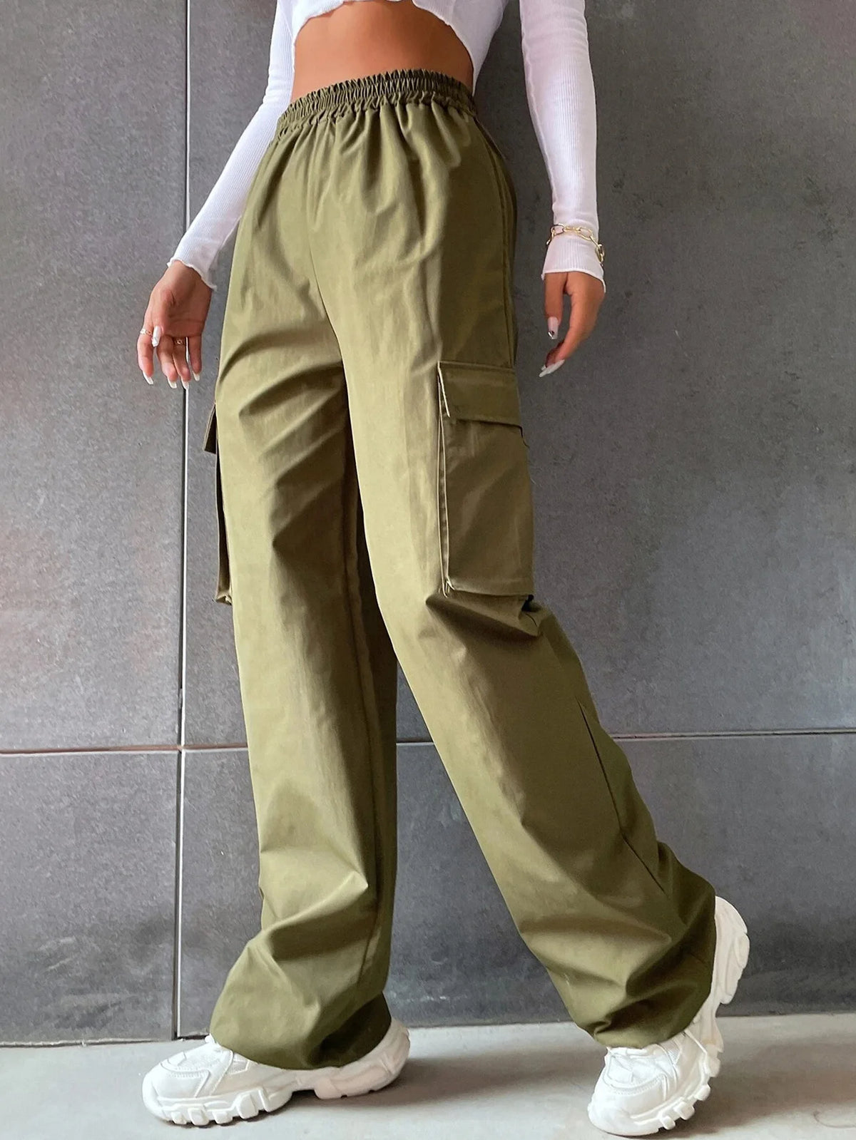 Elegante Feste Hohe Taille Zerrissene Hose Mode Frauen Tasche Elastische Gerade Cargo Hosen Casual Streetwear Sweatpant Y2K Hosen