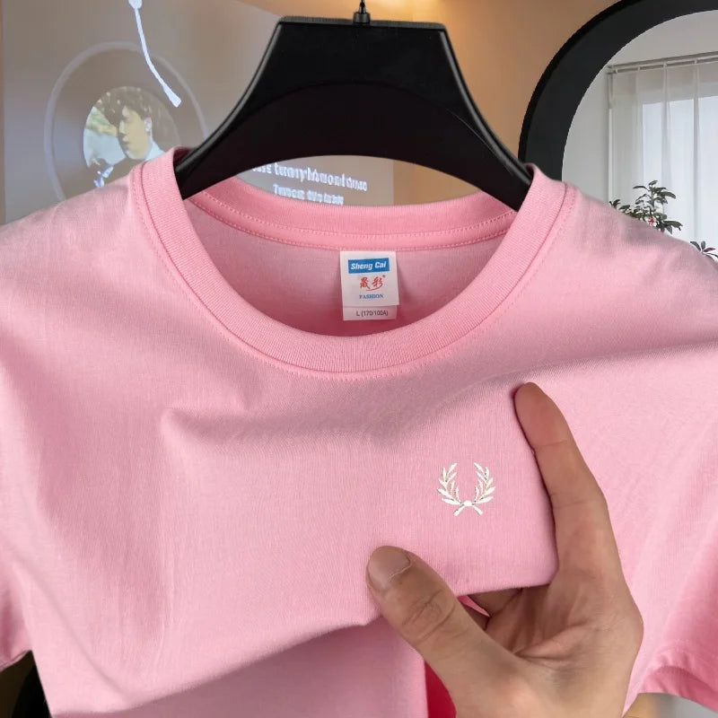 100% reine Baumwolle, hochwertiges Marken-Herren-T-Shirt mit Rundhalsausschnitt und kurzen Ärmeln, Sommermode, luxuriöses Weizen-Stickerei-Design, lässiges T-Shirt