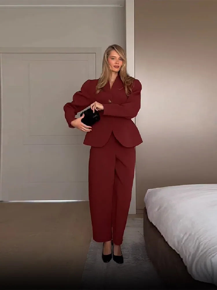 Elegante Anzug Jacke Hosen Set Frauen Schlank V-ausschnitt Puff Sleeve One Button Blazer Solide Gerade Hose 2025, Dame Büro Outfit