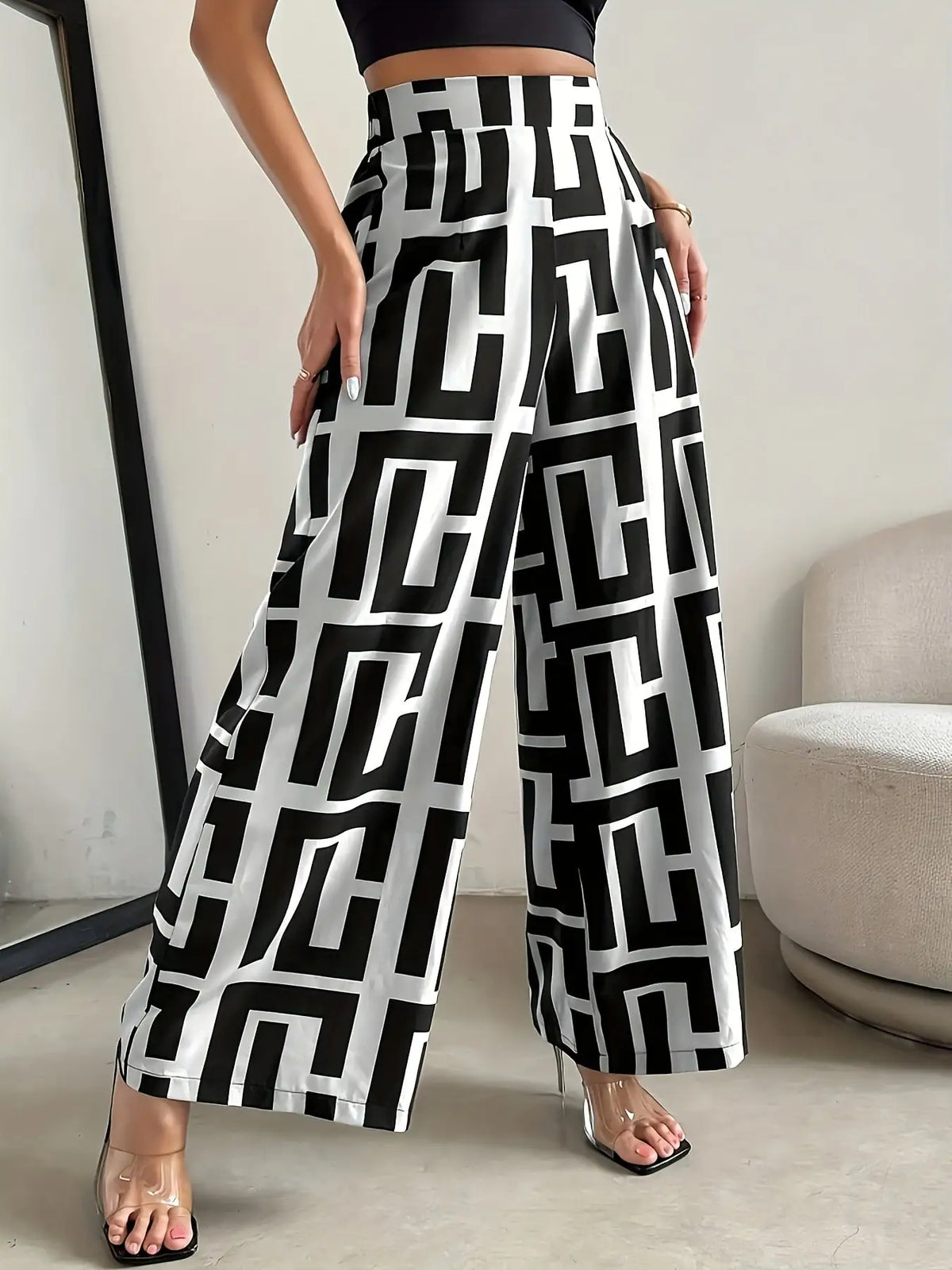 2026 Lässige Elegante Bohemian-Style Hose - Weites Bein, Elastischer Bund, Zweifarbig Kariert Bedruckt, Lockere Hose mit Weitem Bein
