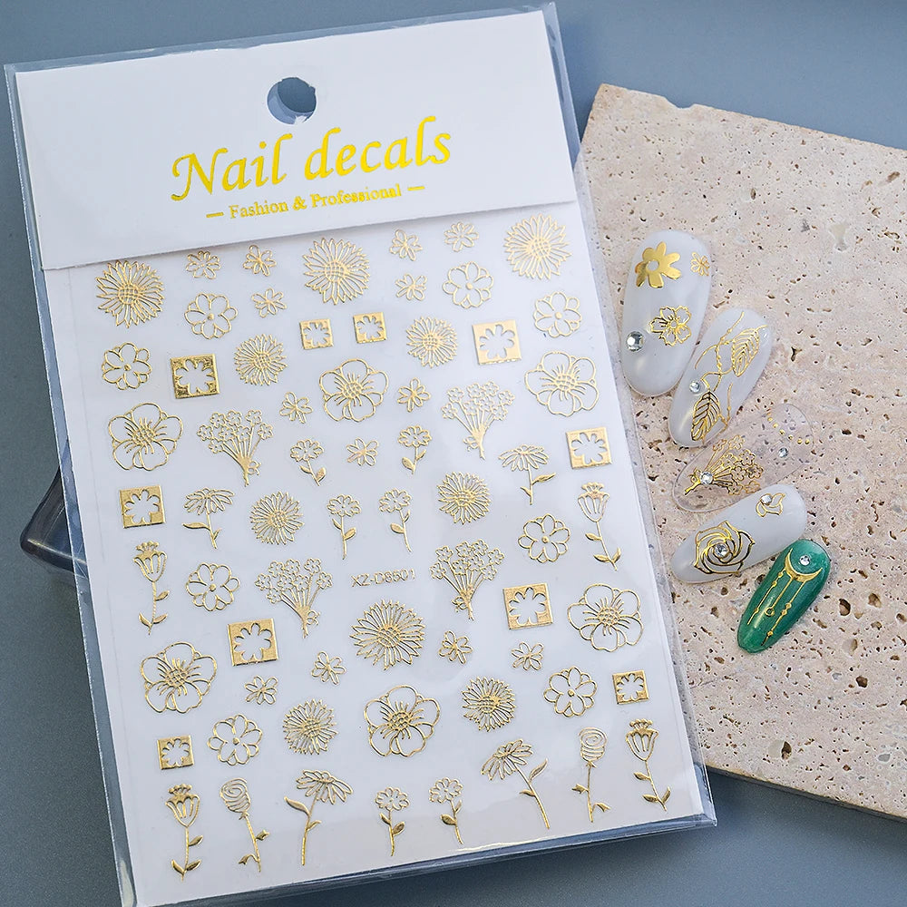 1 Blatt 3D Blattgold Blume Nail Art Aufkleber Blumenstrauß Blütenblatt Retro Nagelaufkleber Selbstklebende Blüte Charmante Maniküre Schieber