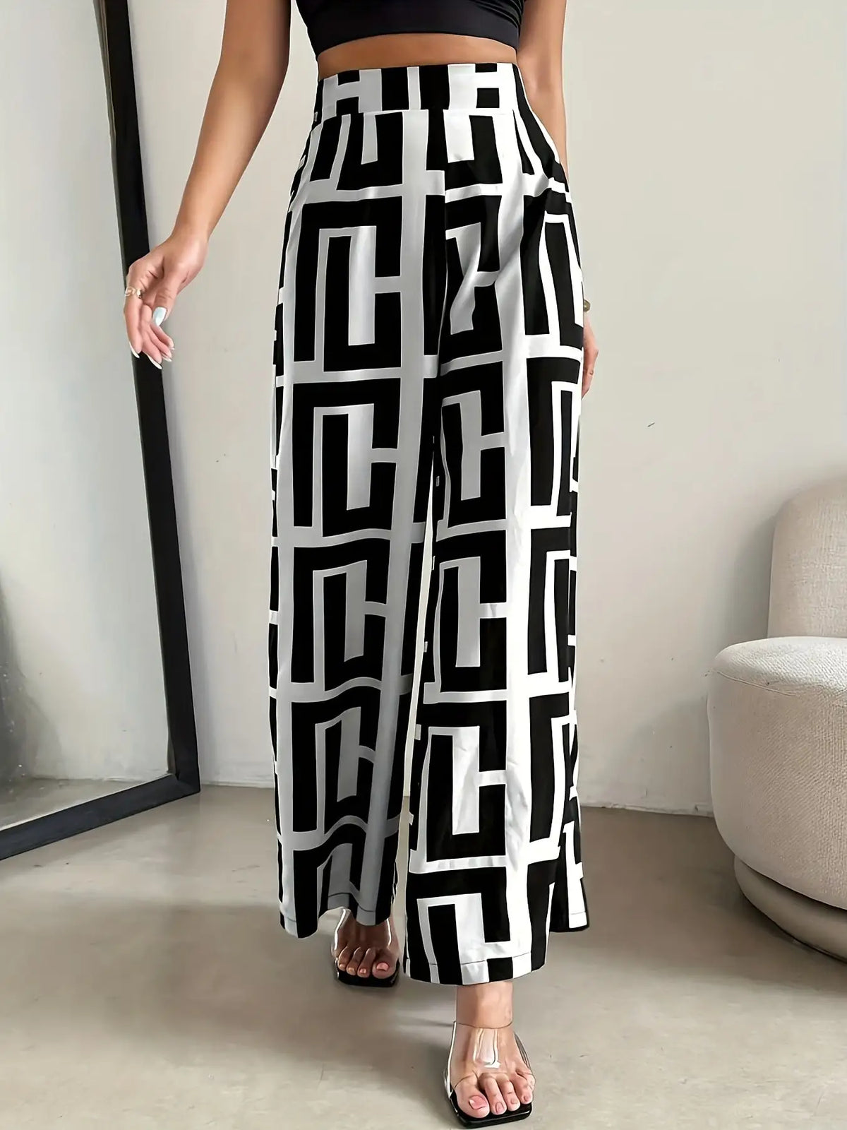 2026 Lässige Elegante Bohemian-Style Hose - Weites Bein, Elastischer Bund, Zweifarbig Kariert Bedruckt, Lockere Hose mit Weitem Bein