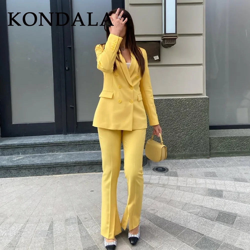 KONDALA 2025 Herbst Winter Butter Gelb Büro Dame Anzüge Mode Zweireiher Shrug Turndown Kragen Blazer Chic Feste Hosen