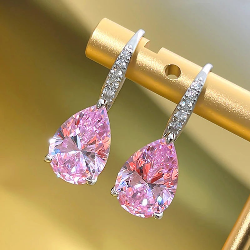 Huitan Rosa/Gelb Birne Zirkonia Ohrringe Frauen Silber Farbe Mode Elegante Weibliche Piercing Zubehör Romantische Schmuck