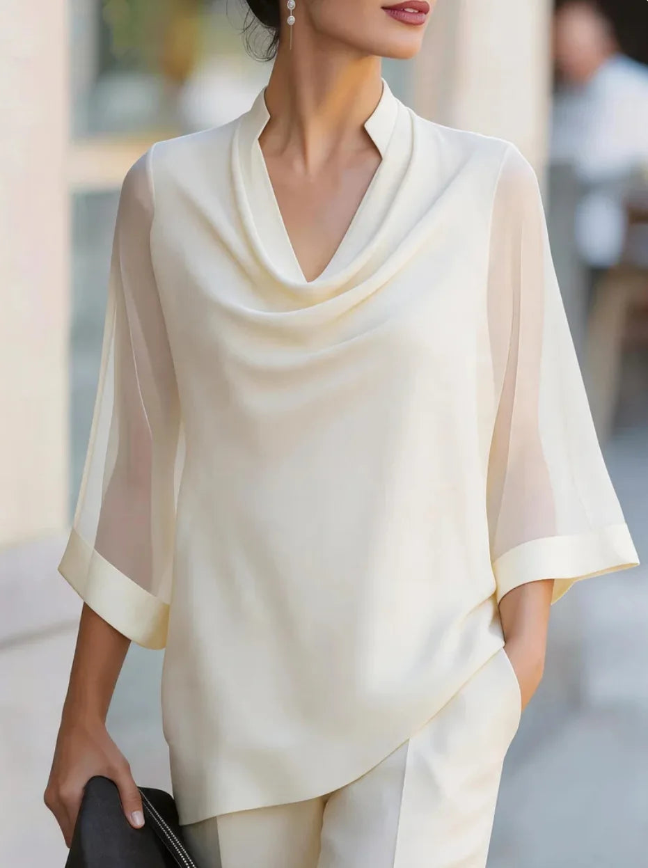 Dreiviertel-Ärmel Transparente Satin-Bluse Locker Geschnittener Asymmetrischer Saum Elegante Bürokleidung Damen Freizeithemd