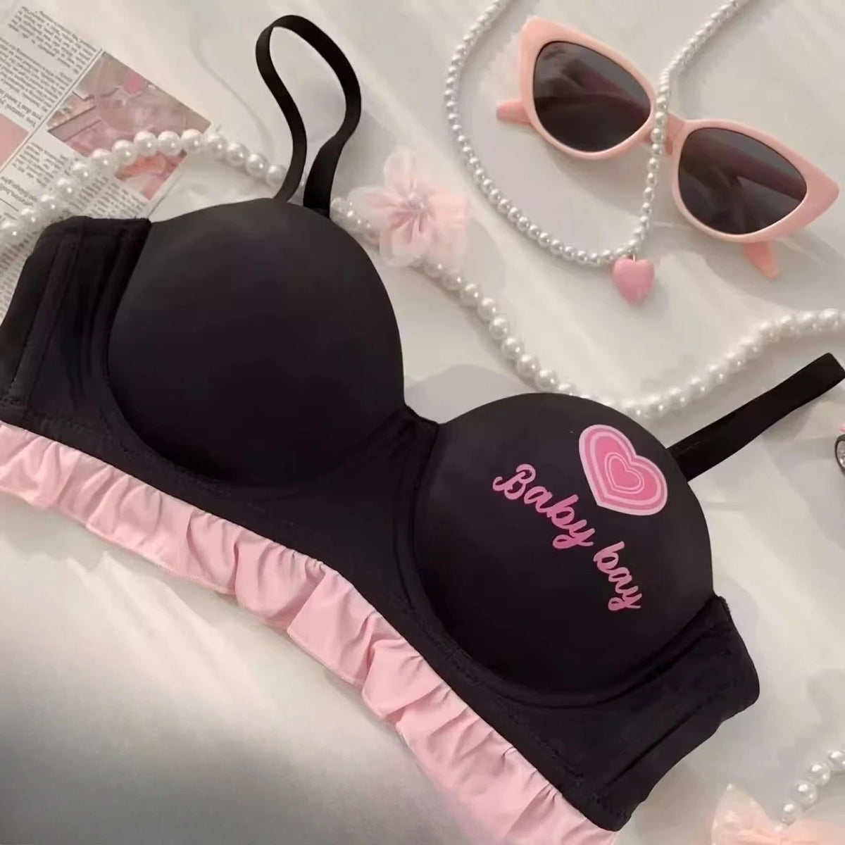 Kawaii Lolita Dessous Set Push-Up-BH, kabelloses gepolstertes Bralette für kleine Brust, süßes BH- und Höschenset im Barbie-Puppenstil MOYISU