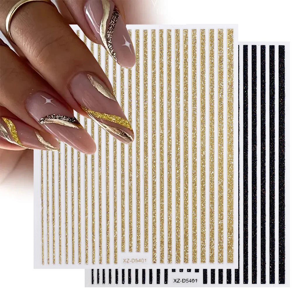 2 Stück 3D-Glitzerlinien-Nagelaufkleber, holografisch, golden, silbrig, schwarz, gerade Streifen, metallische Linien, Nägel, Schieber, Maniküre-Dekor
