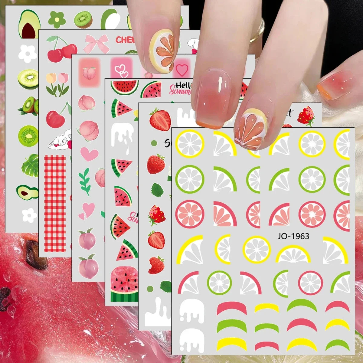 3 bis 12 Blatt 3D-Frucht-Nagelaufkleber Zitrusfrüchte Erdbeere Wassermelone Kirsche Avocado Abziehbilder Selbstklebende Sommer-French-Nagelkunst
