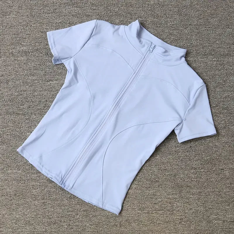 Sommer Hohe Qualität Taille Abnehmen Training Tops frauen Schnell trocknend Engen Stehkragen Voll Zipper Kurzen Ärmeln Yoga shirts