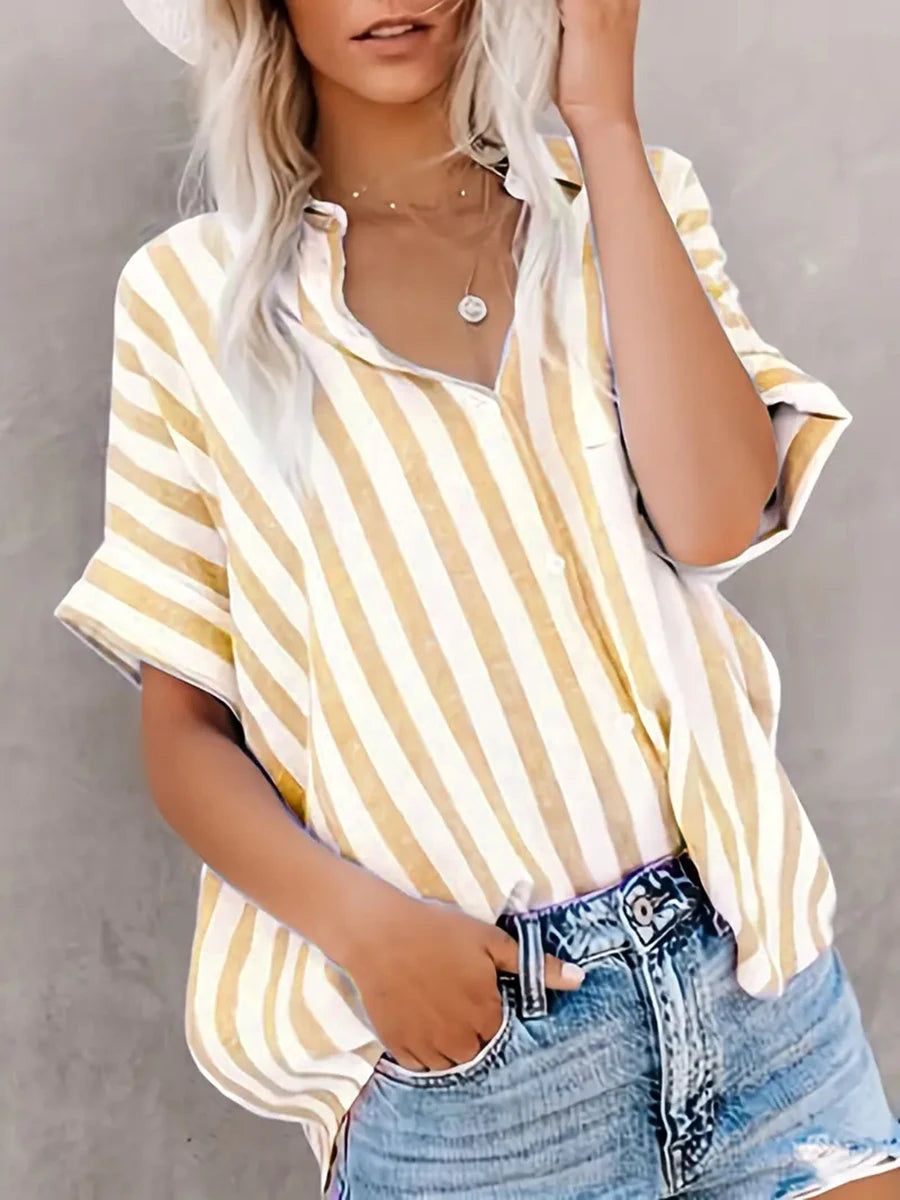 Neueste Mode Damen Sommer-Outfits Lässiges Kurzarm-Hemd mit Vertikalen Streifen Knopfleiste Umlegekragen Lose Bluse Tops