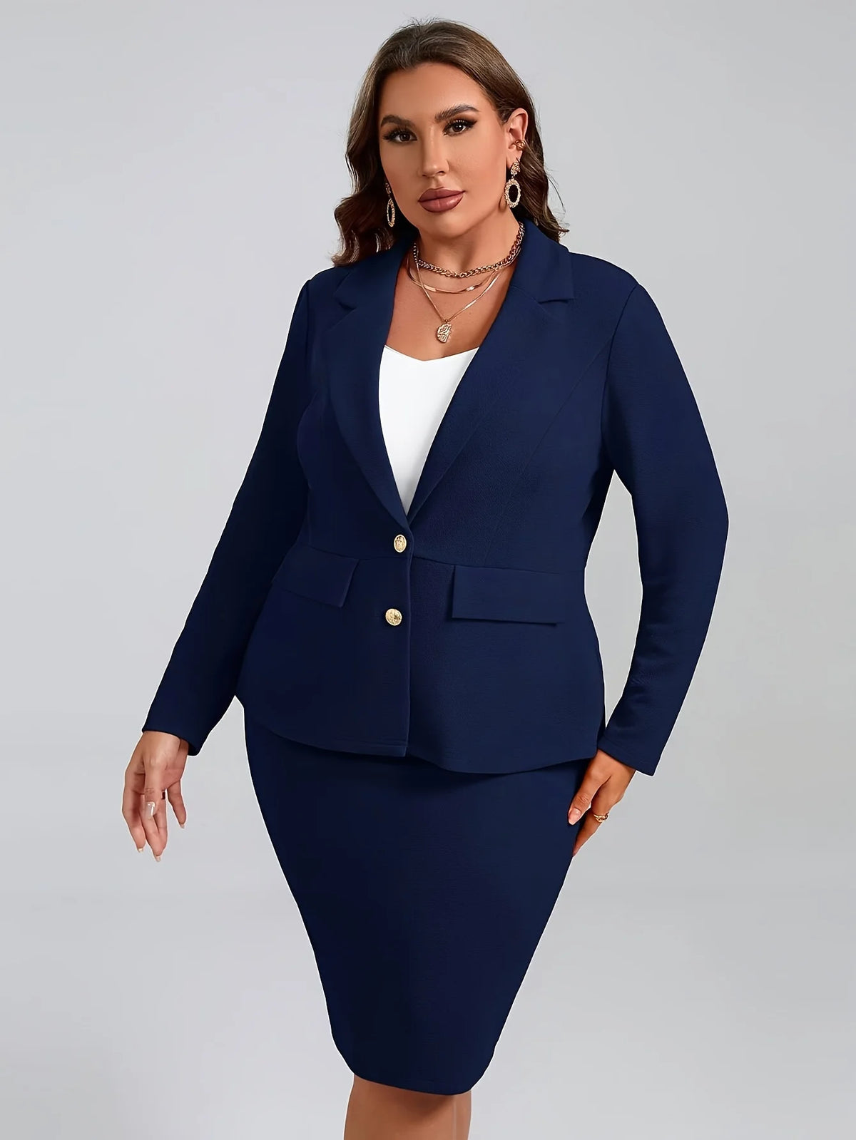 Plus Size Damen elegante Anzug Jacke Set lässig Büro Dame Revers Knopf Blazer Mäntel Rock 2 Stück