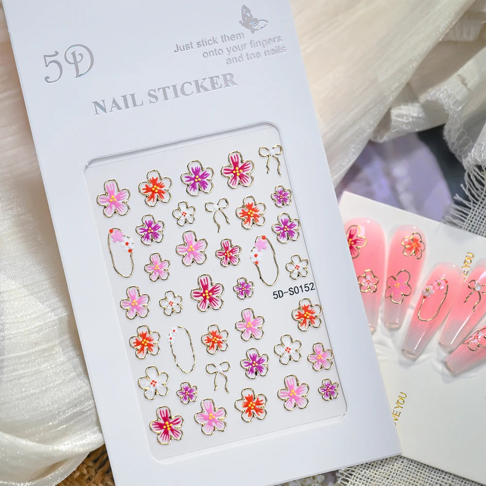 5D Luxus Gold Outline Kirschblüten Nagelaufkleber Chrom-Rahmen Schleife & Blüten Nagelsticker Selbstklebende Nagelschleifer Maniküre DIY