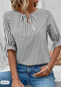 Dreiviertelärmel Gestreifte Bluse mit Rüschensaum für Damen Sommer Bürokleidung Locker Sitzende Modische Bluse