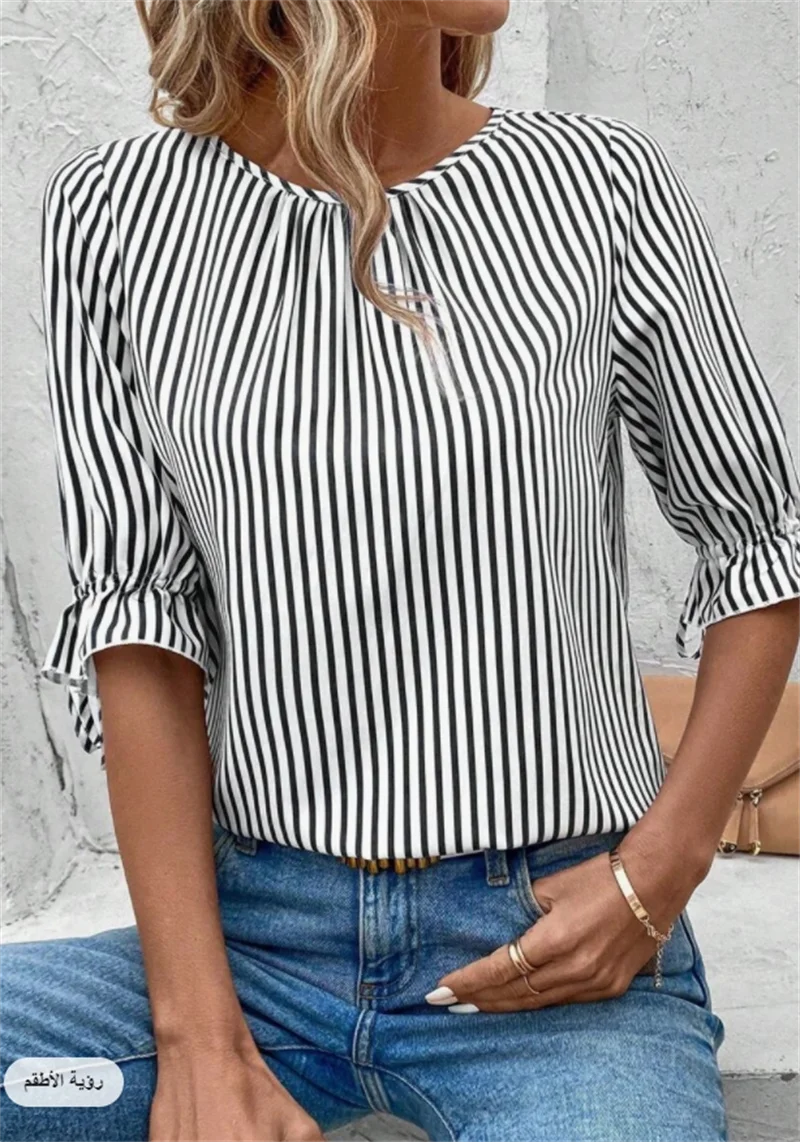 Dreiviertelärmel Gestreifte Bluse mit Rüschensaum für Damen Sommer Bürokleidung Locker Sitzende Modische Bluse