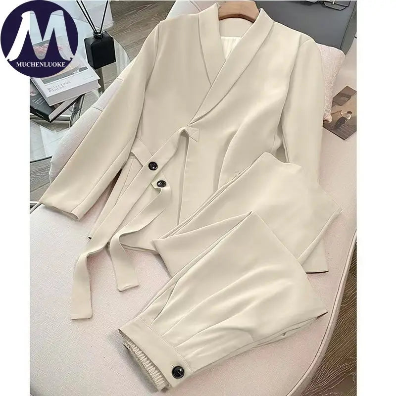 Damen Koreanische Mode Langarm-Blazer und Weite Hosen Zweiteiler Set Büro Casual Locker Sitzende Frühling Herbst Anzüge