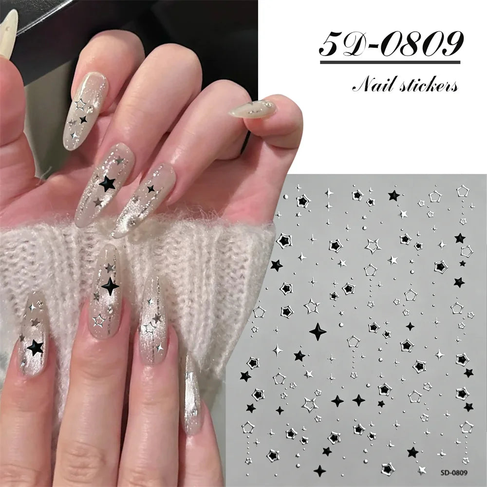 1 Stück 5D schwarze und silberne Stern-Nagelaufkleber Y2K hohler fünfzackiger Stern selbstklebende Nagelaufkleber Stern DIY Maniküre-Dekorationen11