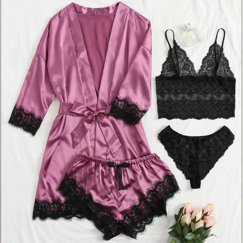 4PCS Frauen Pyjama Anzug Mode V-ausschnitt Stretch Seide Satin Robe Spitze Sexy Dessous Bademantel Bowknot Pyjamas Shorts Set Nachtwäsche
