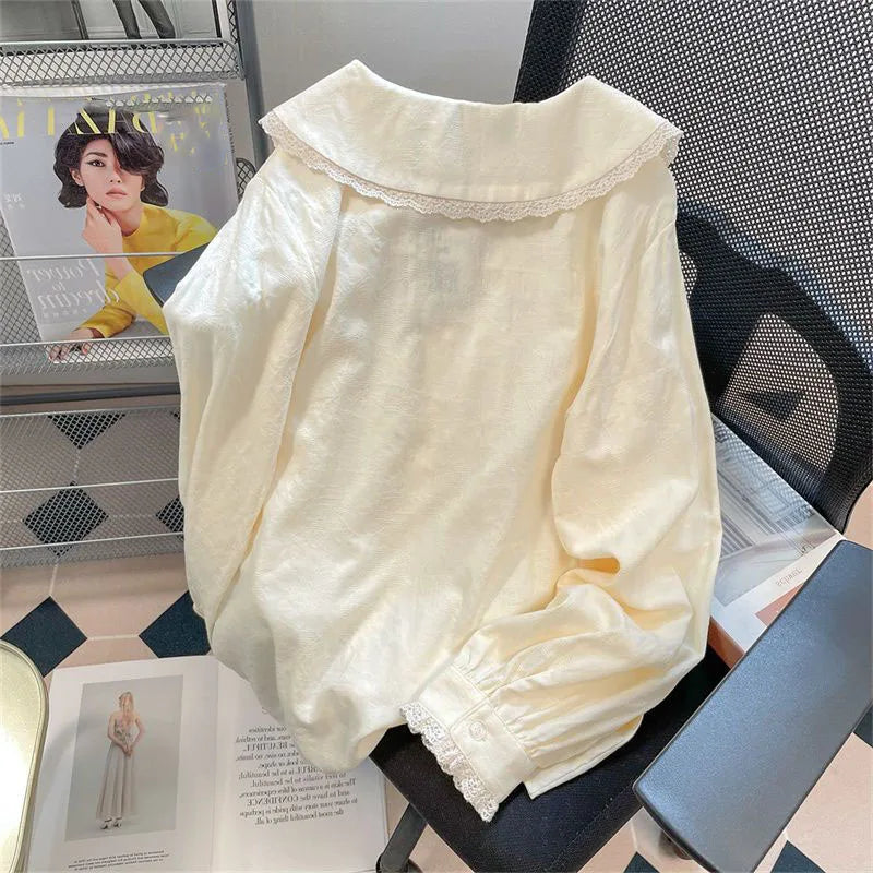 Xpabb Süße Spitze Floral Turndown Kragen Hemd Frau Herbst Lange Hülse Lose Beiläufige Bluse für Frauen Allgleiches Tasten Shirts
