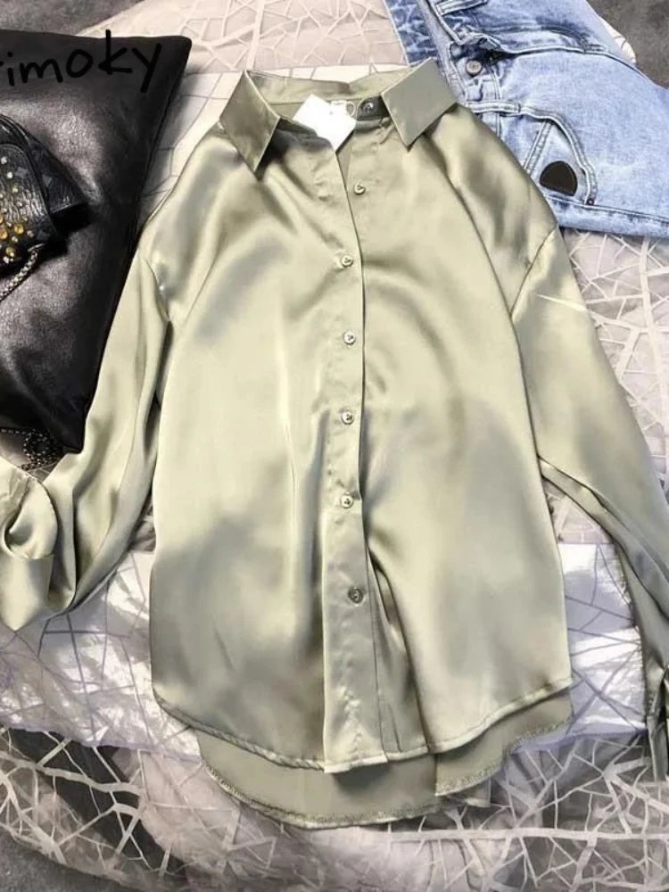 Casual Büro Dame Seide Blusen Herbst Langarm Button Up Hemd Frauen Elegante Winter Tops Büro Dame Acetat Bluse